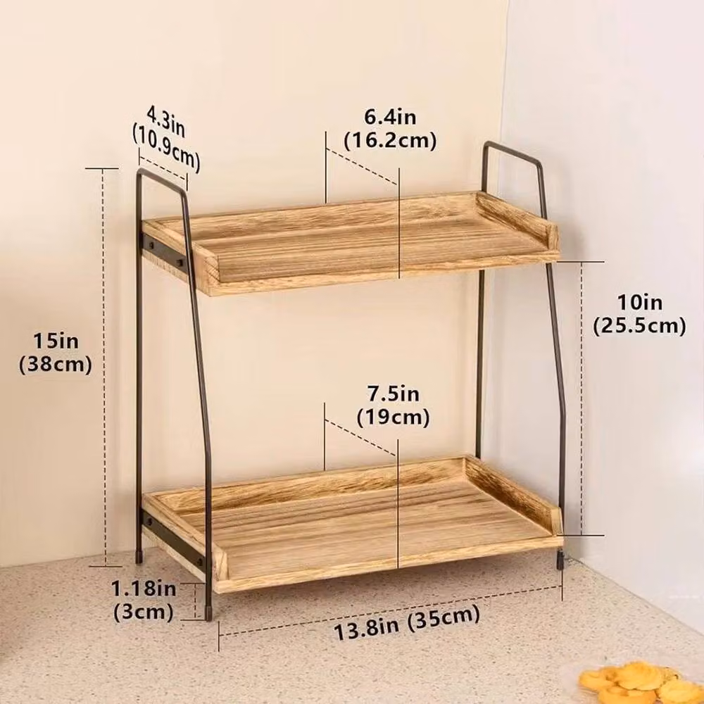 VOGREX 2-Tier Industrial Wooden and Metal Countertop Coffee Bar Storage Shelf in Brown – 2
