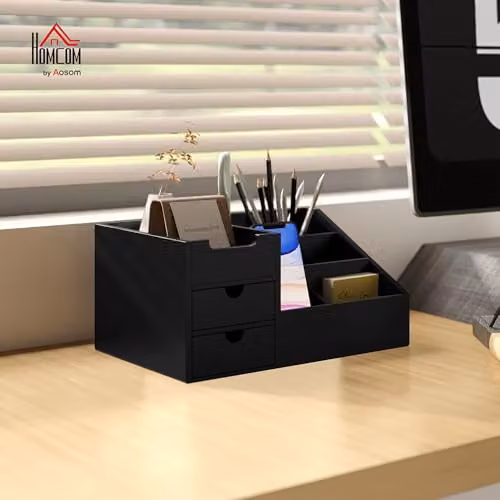 HOMCOM Bamboo Desk Organiser Holder Multi-Function Storage Caddy, Black, W: 20.5 cm, D: 15.5 cm, H: 20.5 cm – 2