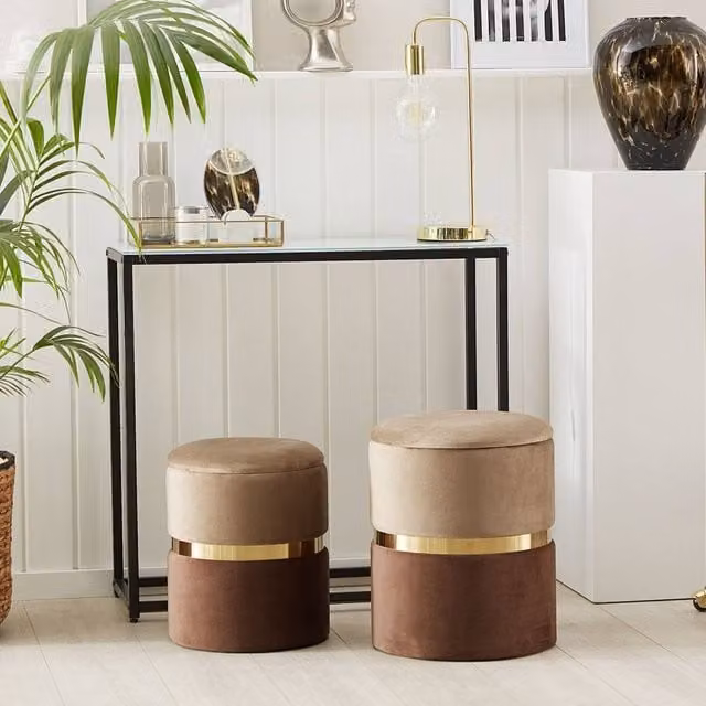 Wyld and Coco Set of 2 Brown Velvet Cylindrical Storage Pouffes with Gold Metal Detail – 1