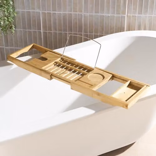 OHS Adjustable Bamboo Bath Tray with Metal Accents in Brown and Beige