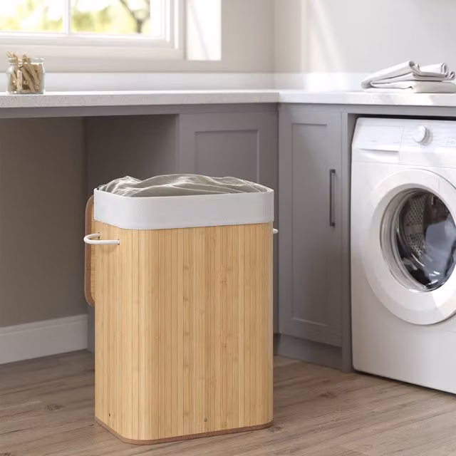 SONGMICS Bamboo Laundry Basket with Lid and Removable Bag, 72 Litres, Yellow, W/D/H: 40 x 40 x 60 cm