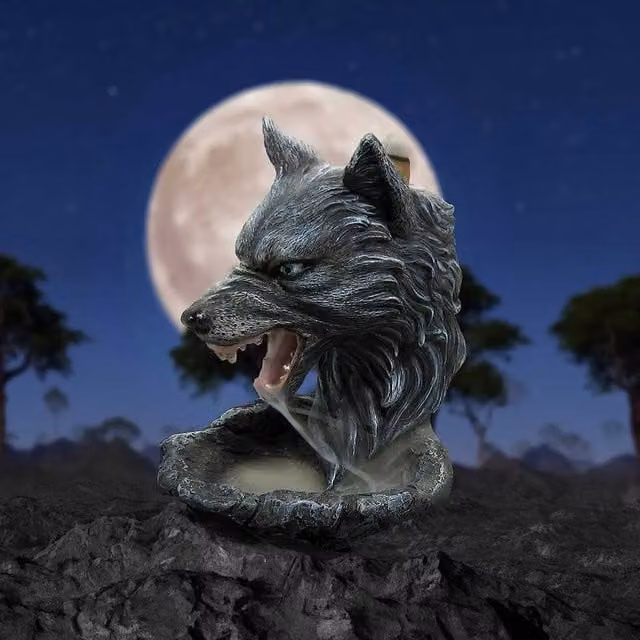 Nemesis Now Dark Wolf Backflow Incense Burner in Black, White, Blue or Grey, H 11.5 cm