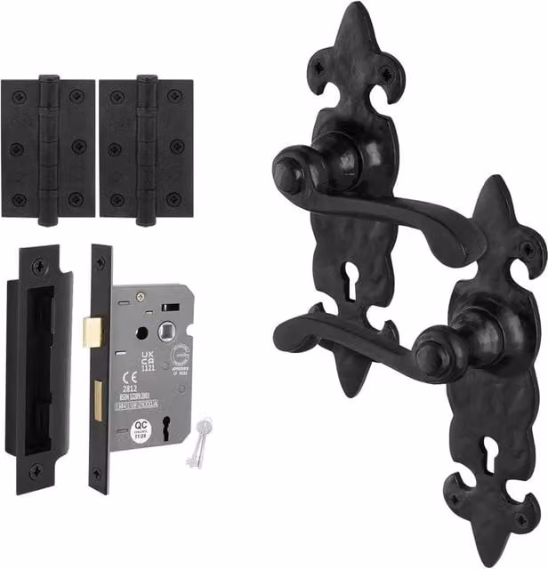 AFIT Black Antique Cast Iron Door Handles with Key Lock and 1 Pair of Hinges, W/D/H: 15.0 x 15.0 x 6.4 cm