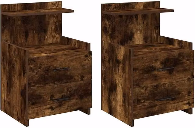 Berkfield Home Set of 2 Bedside Cabinets with 2 Drawers in Smoked Oak Brown, W: 40 cm, D: 36.5 cm, H: 62 cm