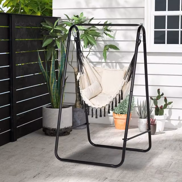 Outsunny Cushioned Garden Hammock Chair with Stand in Cream White