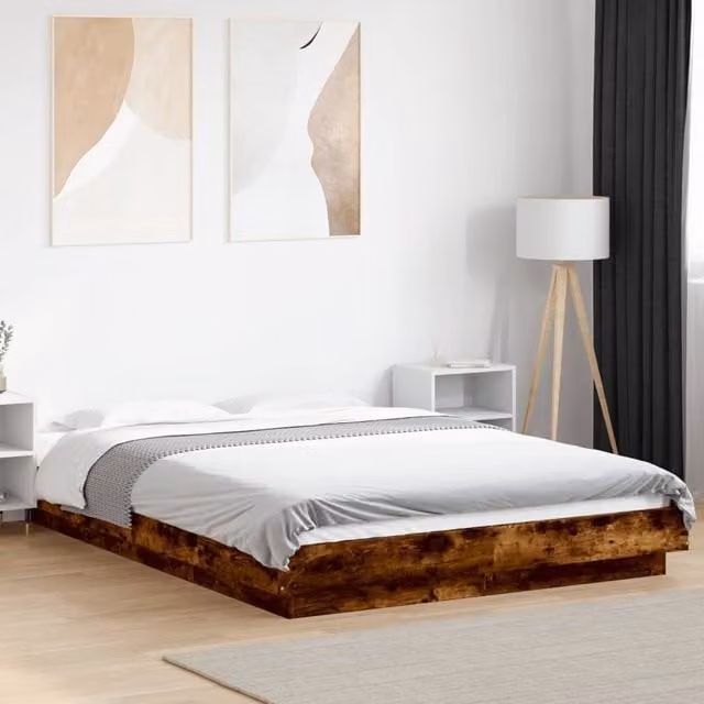 Berkfield Home Modern Small Double Bed Frame with LED Under-Bed Lighting and USB Charging Port in Smoked Oak Brown, W/D/H: 120 x 200 cm