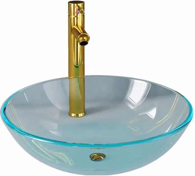Berkfield Home Round Transparent Tempered Glass Countertop Bathroom Sink with Tap and Push Drain