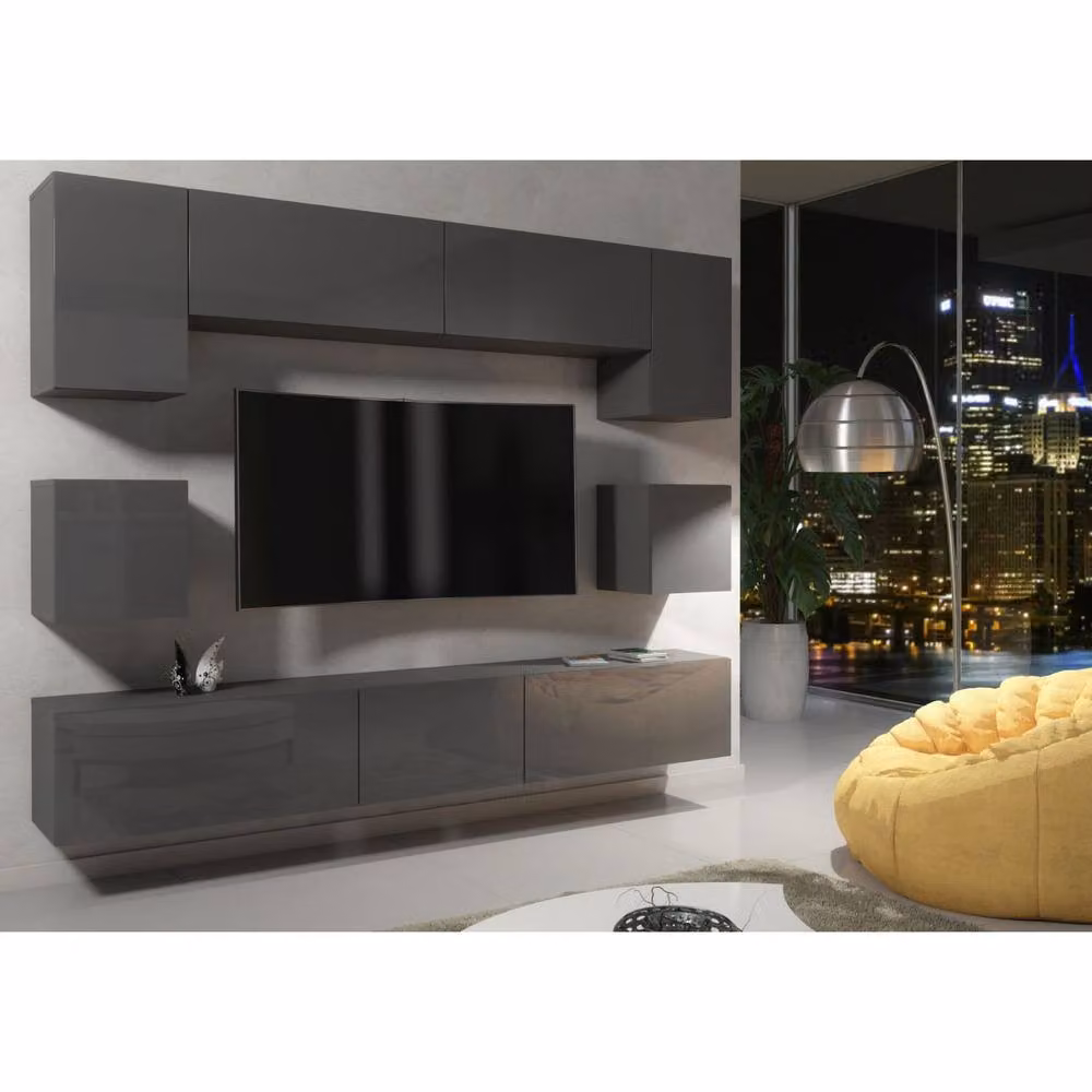 Mex Furniture LTD Panorama Wall Mounted TV Unit in Dark Grey with Glossy Hinged Doors, W: 242 cm, H: 35 cm, D: 207 cm – 2