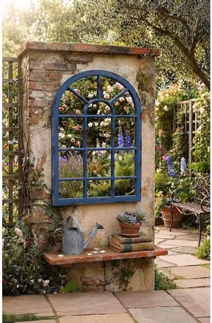 DEENZ Arc Window Wall Mirror with Blue Rustic Frame, H 69 cm x W 34 cm