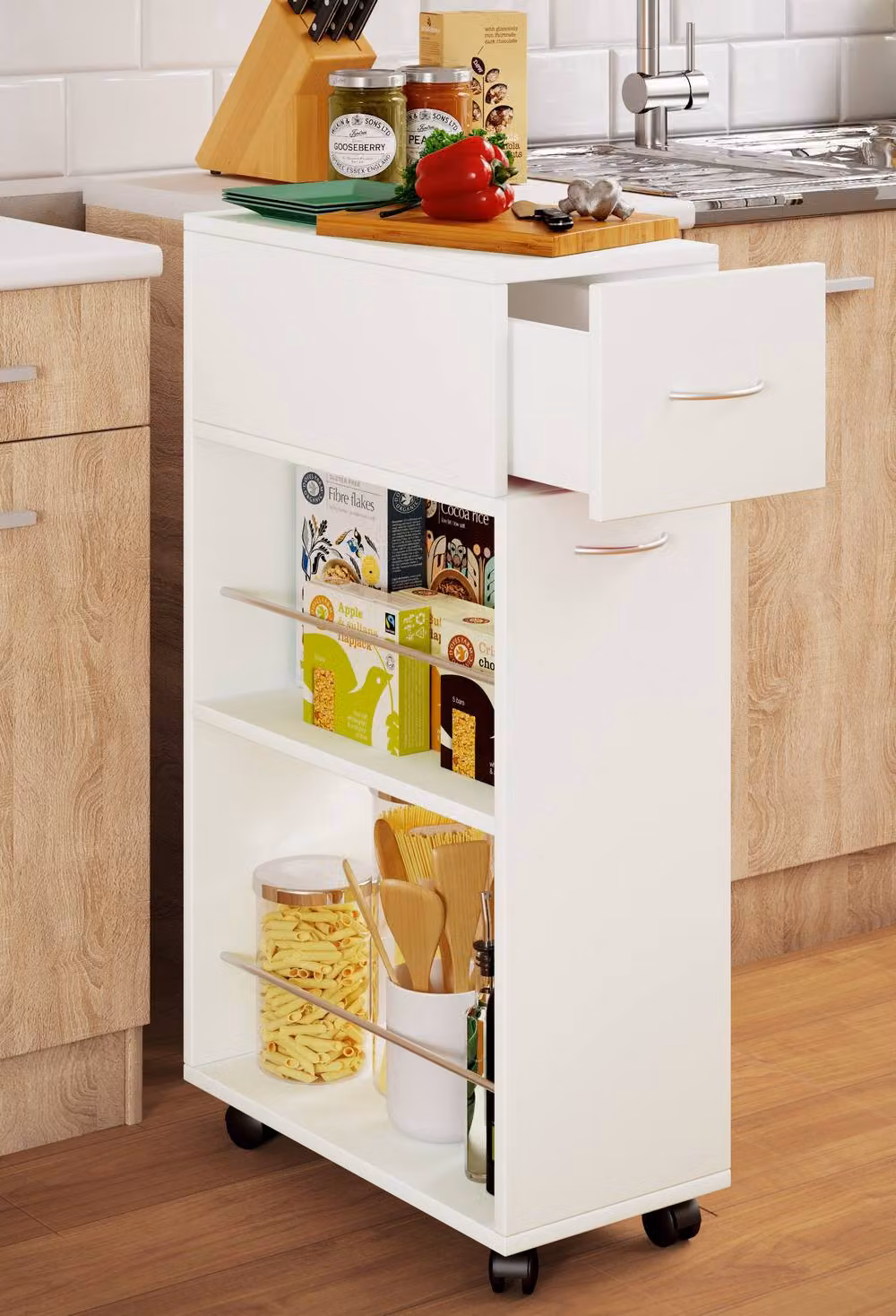 VCM Kitchen Trolley with Tusal Drawer in White Lacquered Finish – 2