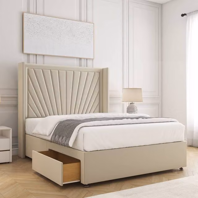 BSSPOKE Alina Divan Bed with 2 Drawers and Footend in Beige Plush Velvet, King Size W/D/H: 180 x 137.16 x 30.48 cm