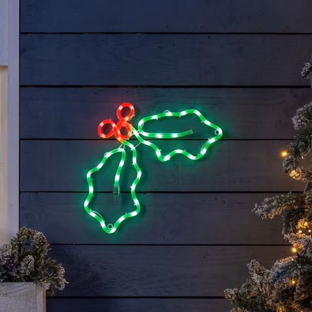 Christow Holly Christmas LED Rope Light Silhouette Wall and Window Decoration, Multicolour, W: 32 cm, H: 45 cm