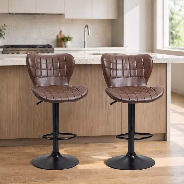 STILVORA Set of 2 Adjustable Height Swivel Bar Stools in Brown PU Leather – 1
