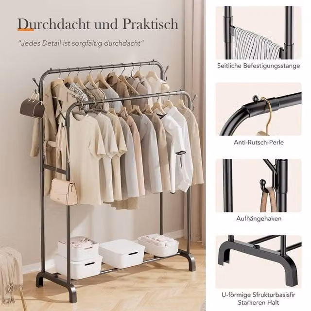 Kelvenix Heavy Duty Double Clothes Rail Hanging Rack with Wheels in Matt Black, H 145 cm x W 50 cm x D 50 cm – 1