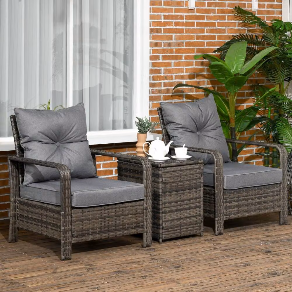 Wyld Haus Ziha 3 Piece Grey Rattan Bistro Set with 2 Cushioned Armchairs and 72L Storage – 3