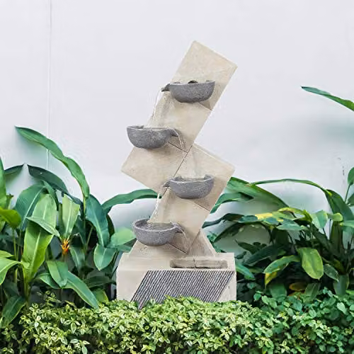 GardenKraft Four Bowls Cascading Water Feature, White Plastic and Stone, W/D/H: 99.5 x 42.5 x 23.5 cm