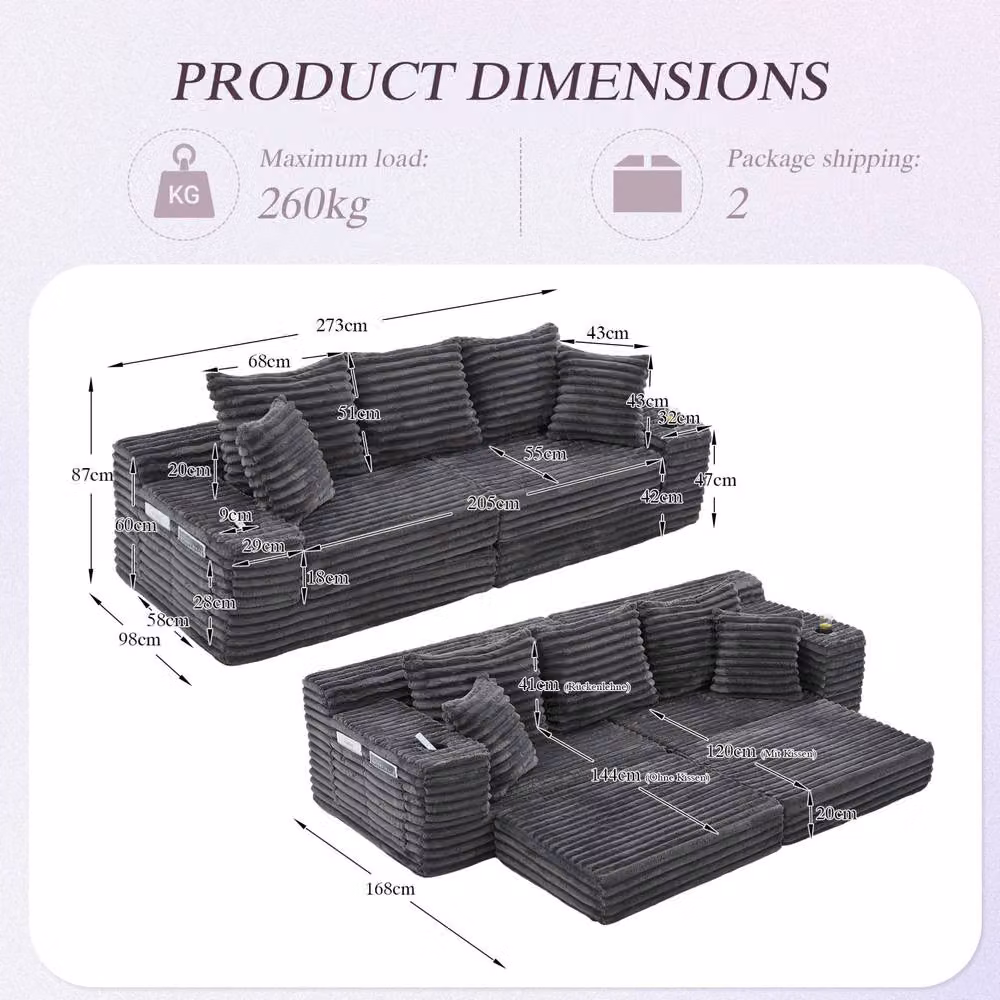 STILVORA Grey Corduroy Click-Clack Sofa Bed with Cup Holders and Scatter Cushions – 2