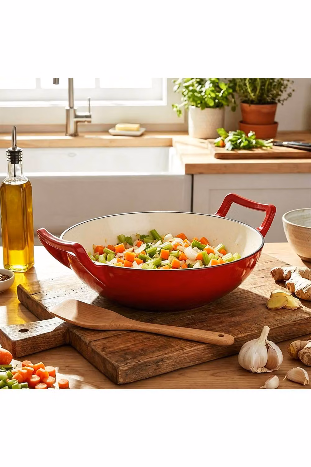 Living and Home Enamelled Cast Iron Stir-Fry Wok, Red, Depth: 30 cm – 3