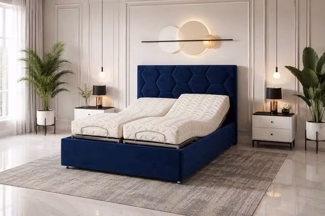 Paradise Beds Ltd Luxury Madrid Mobility Bed with Foam Mattress and Headboard in Blue Velvet, Small Single