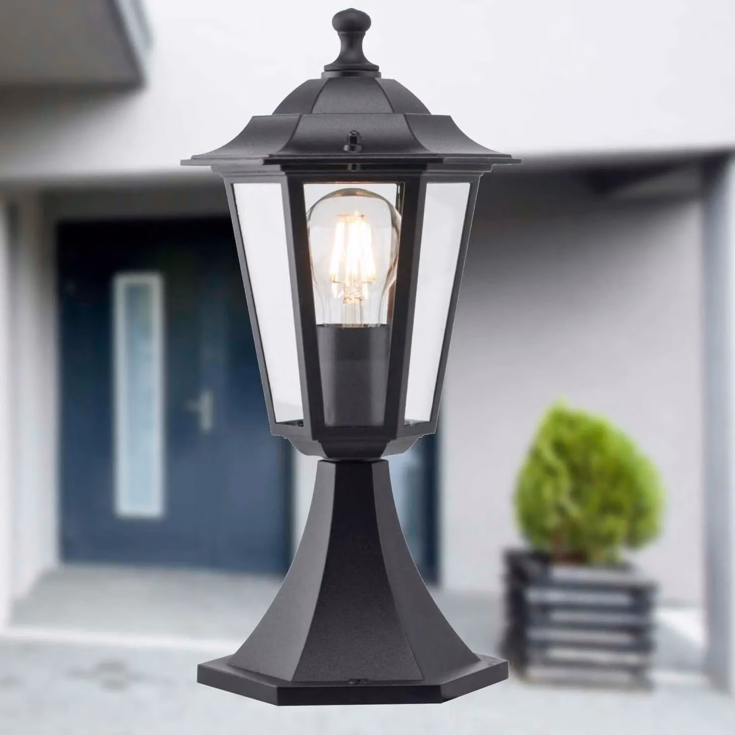 First Choice Lighting Eversham Set of 2 Black Six Sided IP44 Outdoor Post Lanterns with Transparent Glass – 5