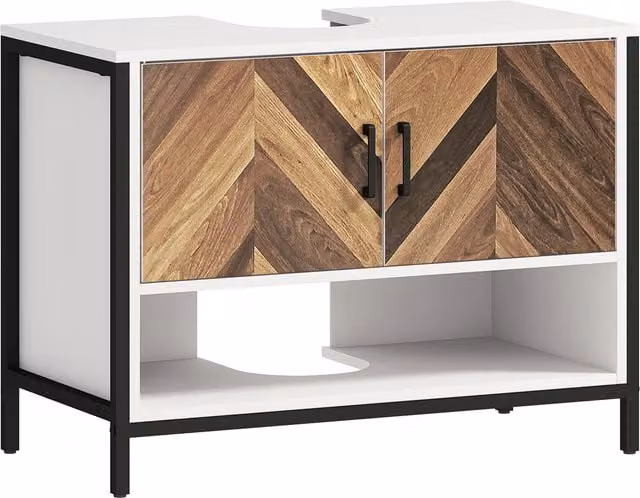 HOMCOM Rustic Under Sink Bathroom Cabinet in White with Herringbone Doors and Open Compartment, W: 80 cm, D: 40 cm, H: 60 cm