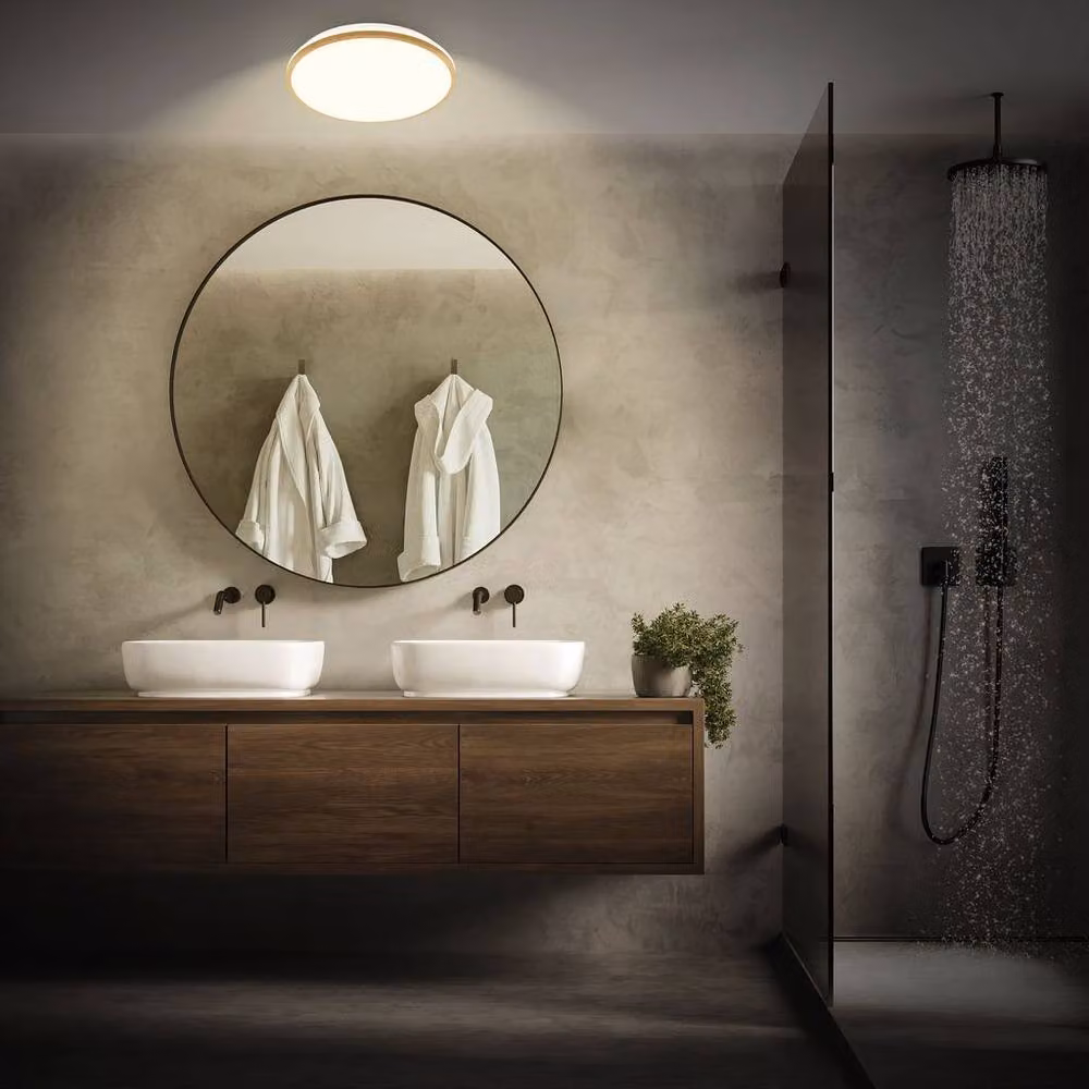 Briloner Modern Round LED Ceiling Light for Bathrooms with Wood Frame, Brown, Diameter: 33 cm, 18W, 1850lm, IP44 – 6