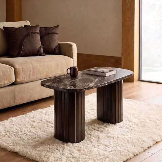 OHS Madison Ribbed Oval Coffee Table in Brown with Marble Stone Effect