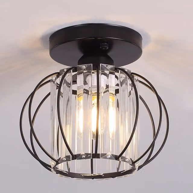 Livingandhome Black Metal Lantern Shape Single-Light Pendant Light with Crystal Details
