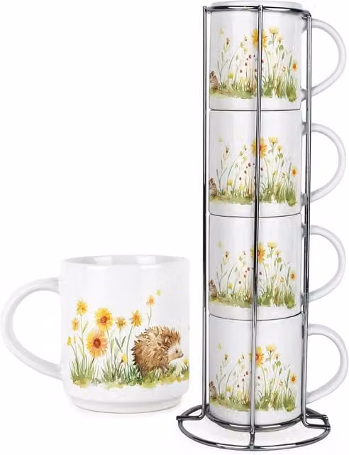 Purely Home Hedgehog Small Stacking Mugs Set of 4 Multicoloured Ceramic Cups with Metal Stand