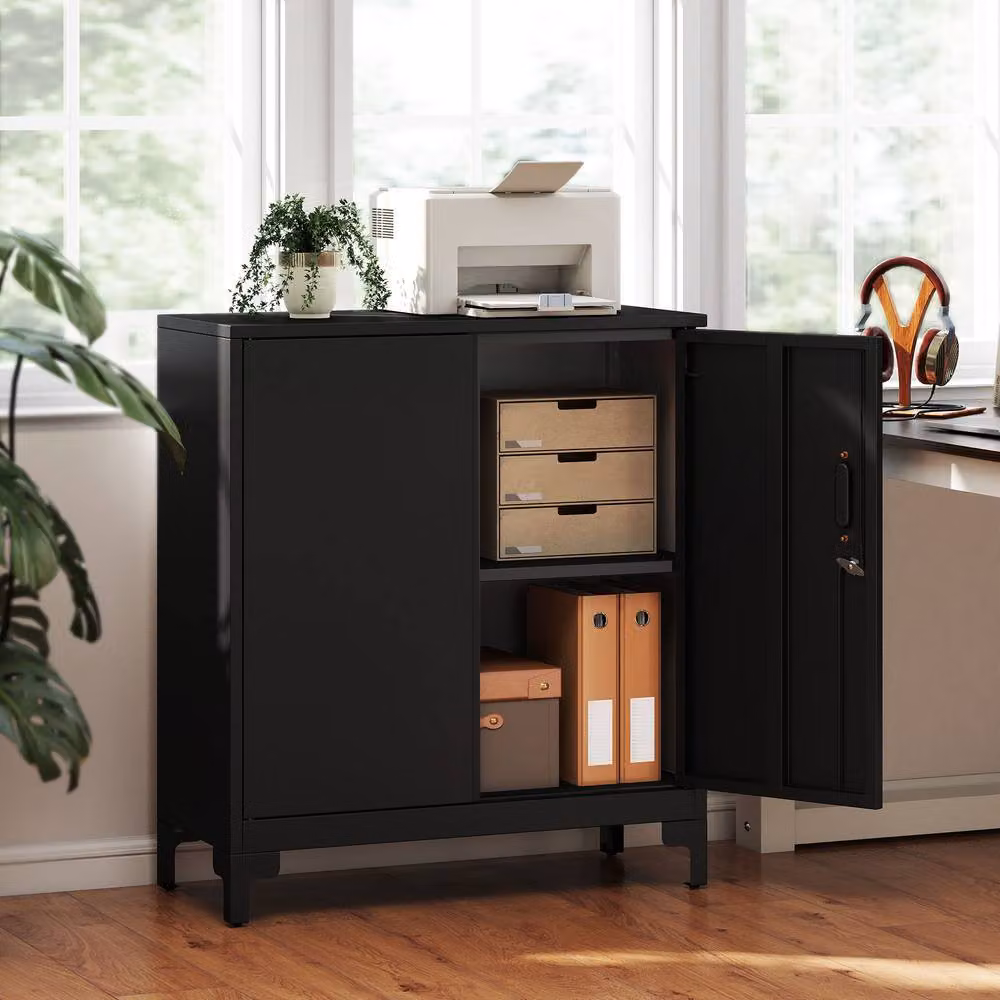 Rolipo 2-Tier Lockable Metal Storage Cabinet with Adjustable Shelves and Double Doors in Matt Black – 3