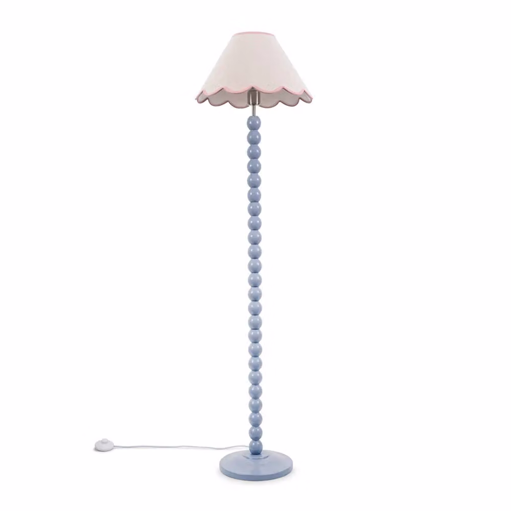 ValueLights Bobbins Powder Blue Floor Lamp with Pink Fabric Scallop Shade and LED Bulb – 2
