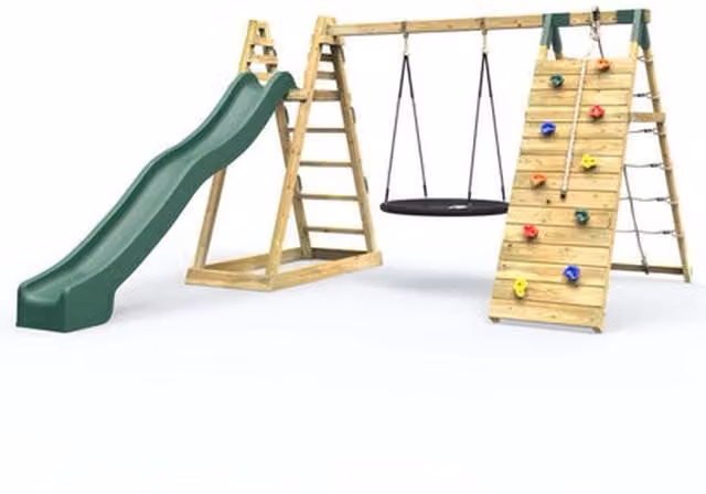 Rebo Wooden Climbing Frame with Swing, Up and Over Climbing Wall and 10ft Slide, Green