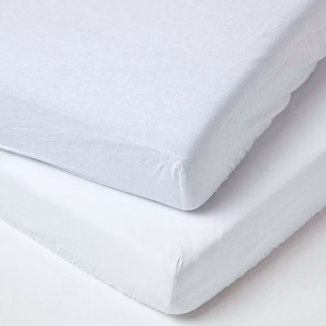 Homescapes Pack of 2 White Linen and Combed Cotton Fitted Cot Bed Sheets, W/D/H: 70 x 140 cm
