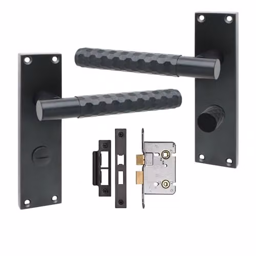 Golden Grace Knurled Long Backplate Bathroom Handle Set with Mortise Lock in Matt Black