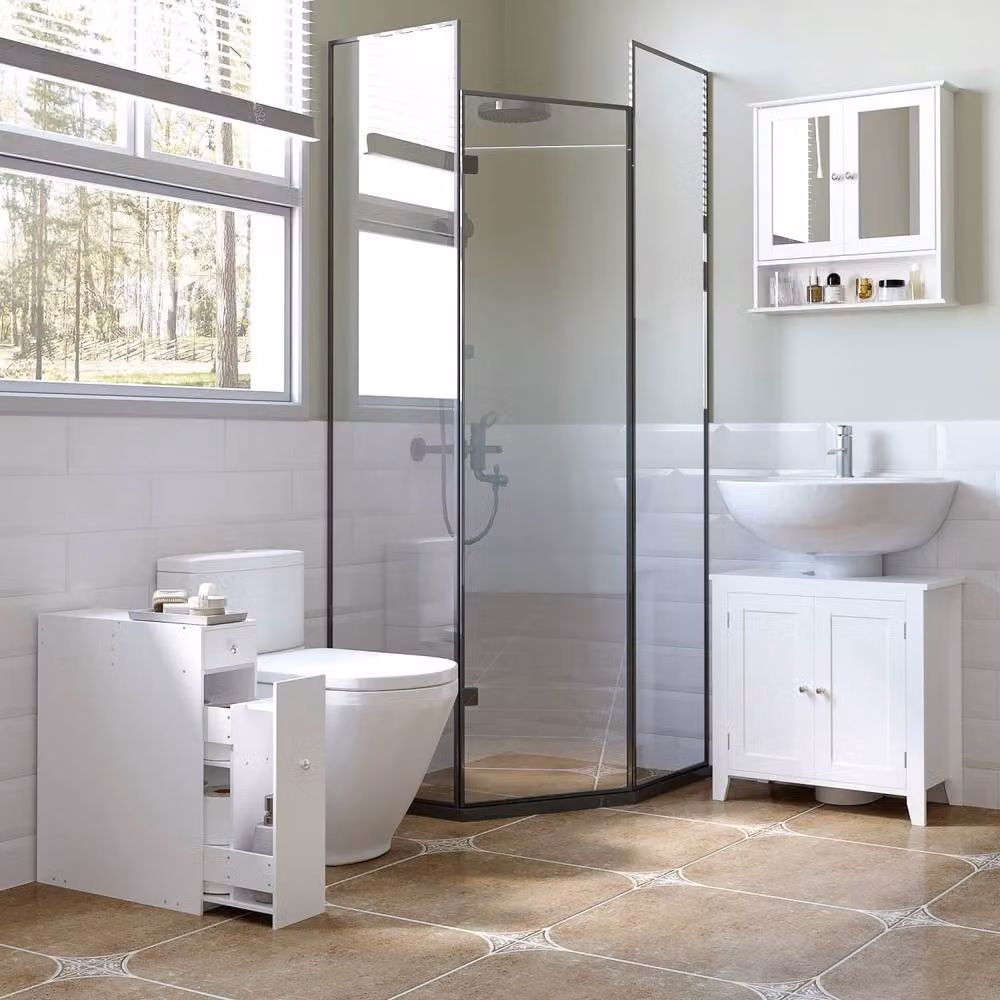 Wyld Haus Ninemi Narrow White Bathroom Floor Storage Cabinet with Drawers – 3