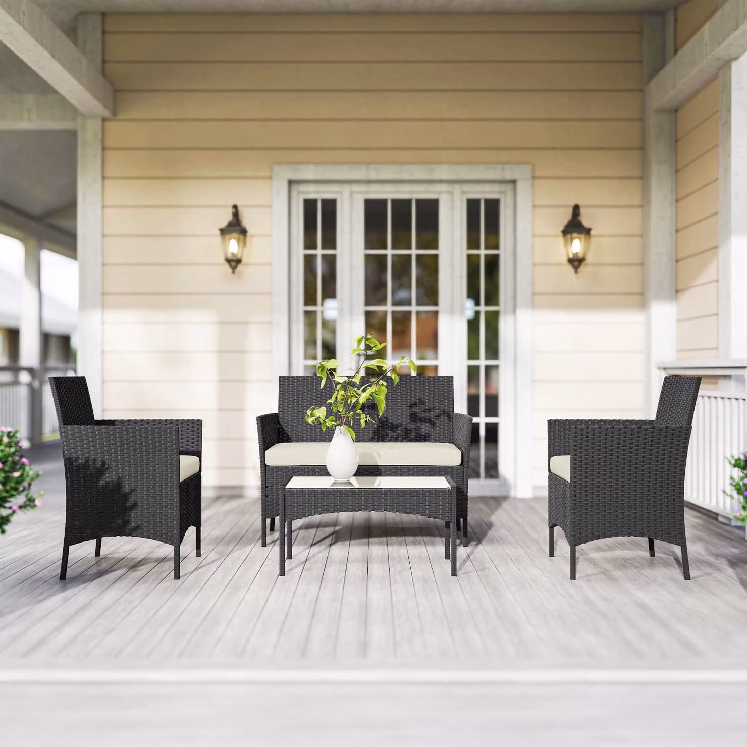 Outsunny 4 Piece Rattan Garden Furniture Set in White with 2 Seater Sofa, Armchairs, Glass Top Coffee Table and Cushions – 7