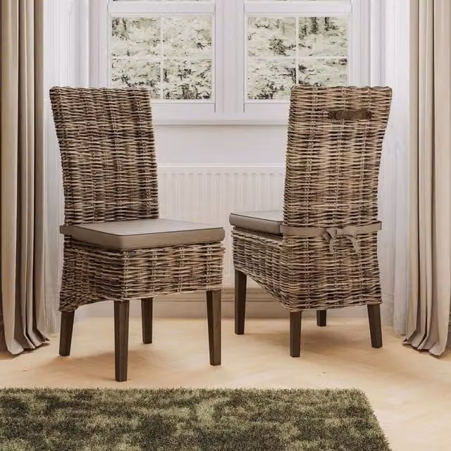 FWStyle Set of 2 Solid Pine Rattan Dining Chairs in Greywash