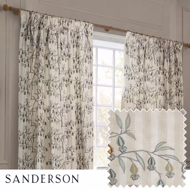 Sanderson Chinese Lanterns Embroidered Room Darkening Pencil Pleat Linen Curtains in Beige, Width: 229 cm, Drop: 137 cm – 1