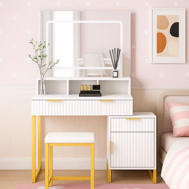 Kosy Koala Luna Dressing Table Set with Hollywood LED Mirror and Storage in White and Gold