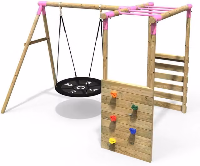 Rebo Mercury Wooden Single Swing Set with Climbing Wall and Monkey Bars in Pink