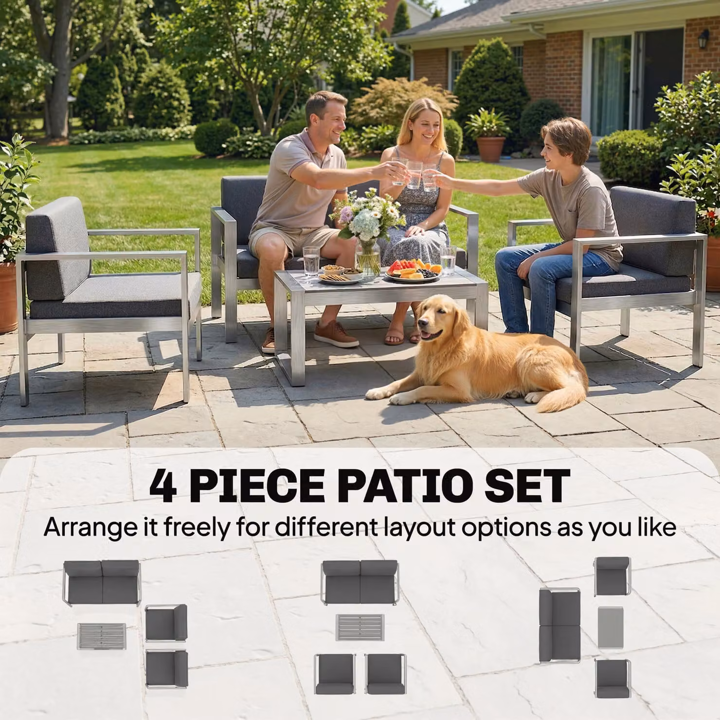 Outsunny 4 Seater Modern Garden Furniture Set in Grey with Matt Metal and Plastic Frame – 7