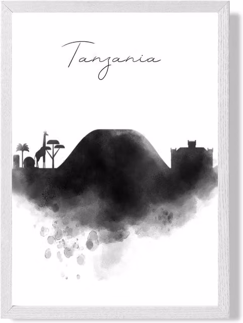 ARTZE Tanzania Watercolour Skyline City Framed Print, Black and White, A4