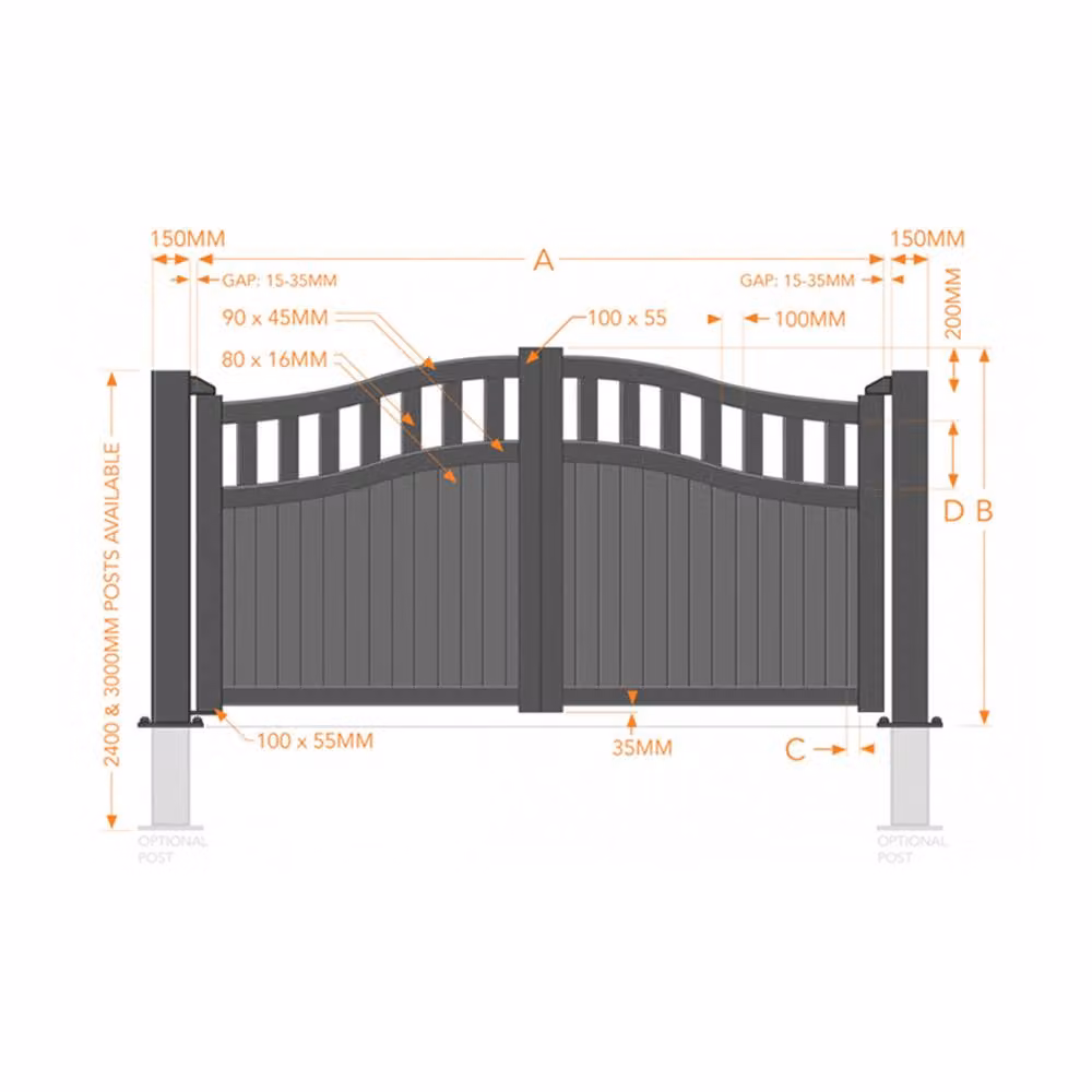 Ready Made Double Swing Gate with Vertical Solid Infill and Bell in Black, W: 325 cm, H: 220 cm – 2
