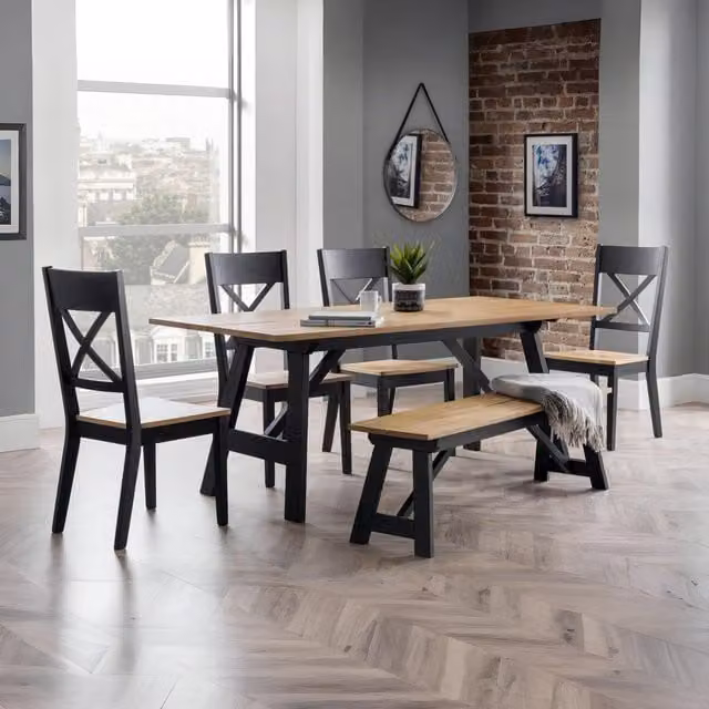 Julian Bowen Hockley Black Rubberwood Dining Set with Rectangular Trestle Table, Bench and Chairs