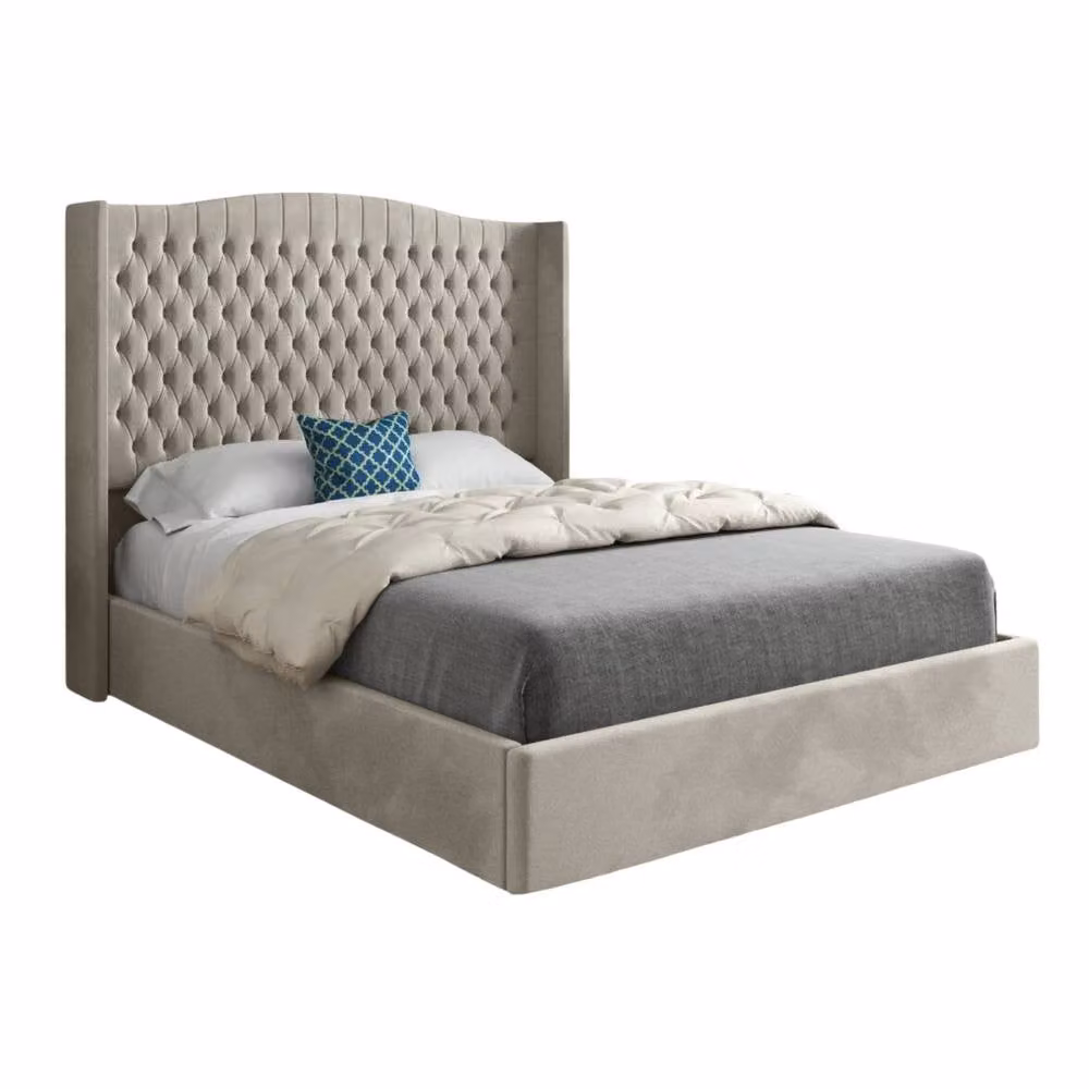 Casani Rowledge Winged Upholstered Designer Bed Frame in Cream Beige Soft Velvet, Size: Single (W: 90 cm, D: 200 cm, H: 137 cm) – 3