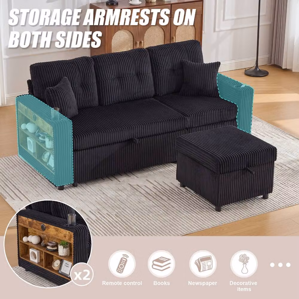 Rolipo Corduroy Sofa Bed with Storage, USB Charging, LED Lighting and Cup Holder in Black – 3
