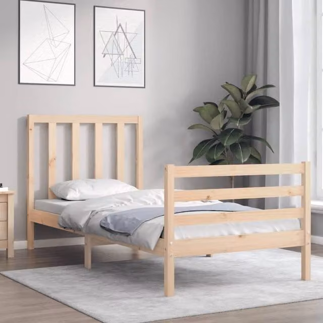 Berkfield Home Beautiful Small Single Solid Wood Bed Frame with Headboard in Beige, W/D/H: 80.5 x 190 x 80 cm – 1