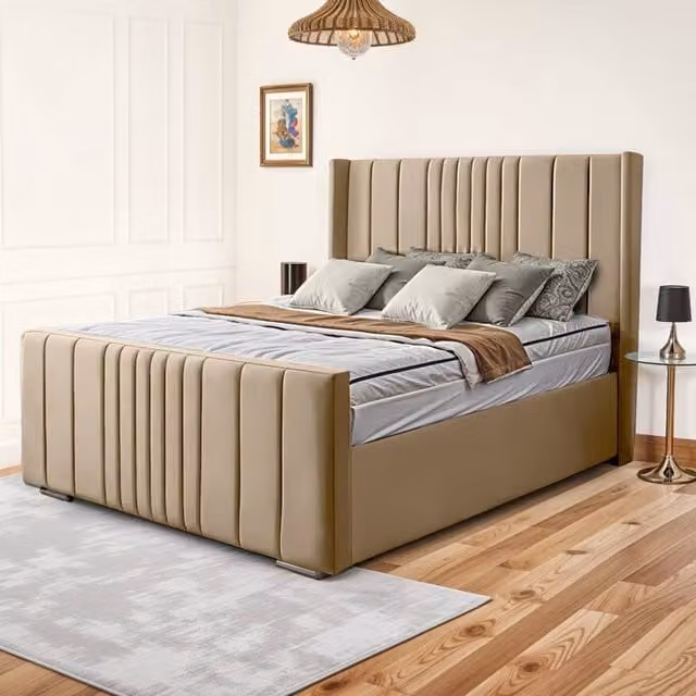 UK Bed Furniture Balmoral Wingback Ottoman Gas Lift Upholstered Bed in Beige, Size: Single (90 x 190 cm) – 1
