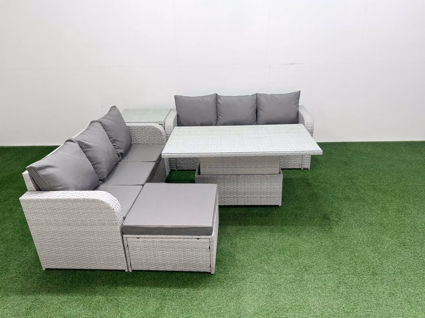 Fimous 7 Seater Grey Rattan Garden Furniture Set with L-Shape Sofa, Ottoman, and Adjustable Lifting Dining or Coffee Table – 2