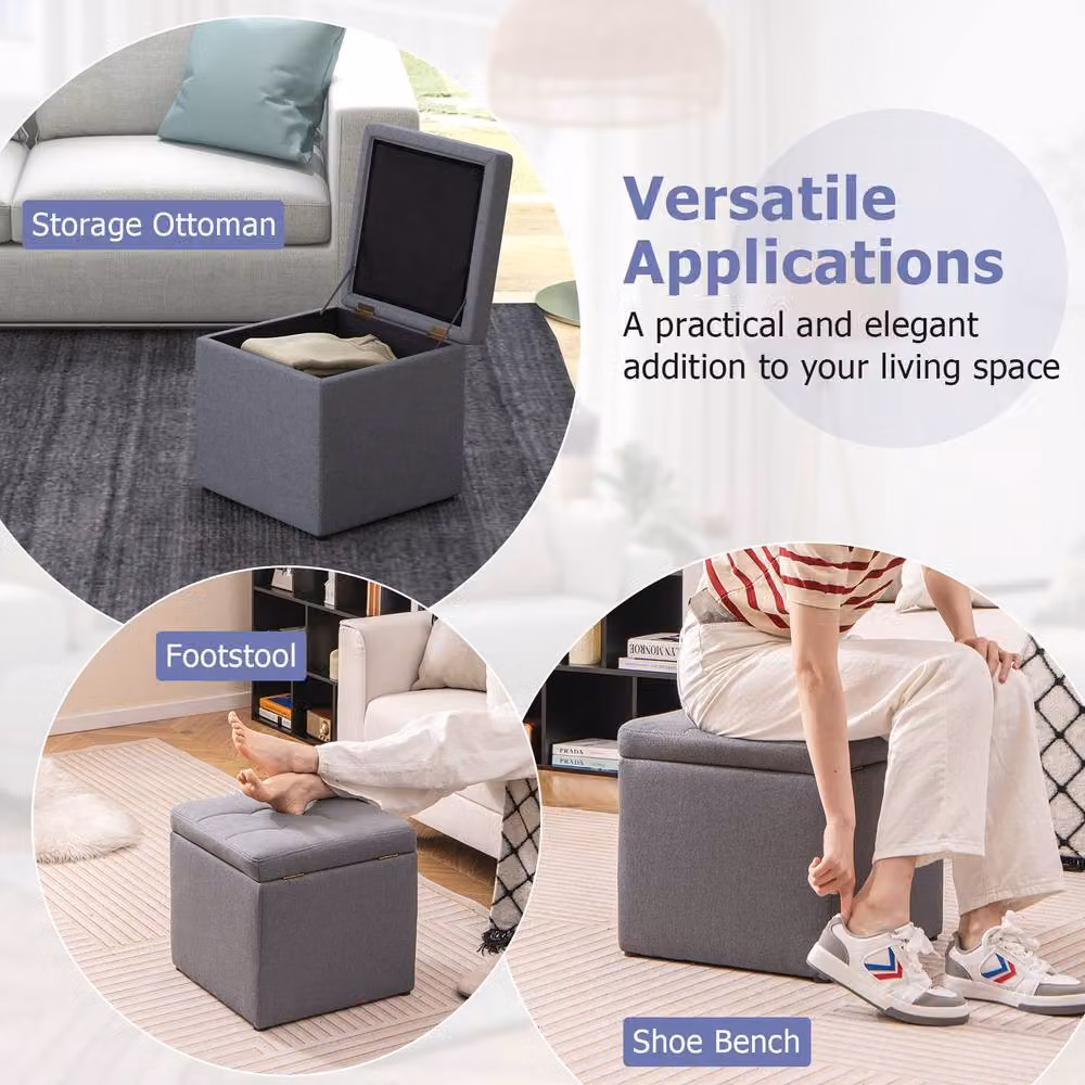 Costway Square Storage Ottoman in Grey Linen Fabric with Wood Frame – 5